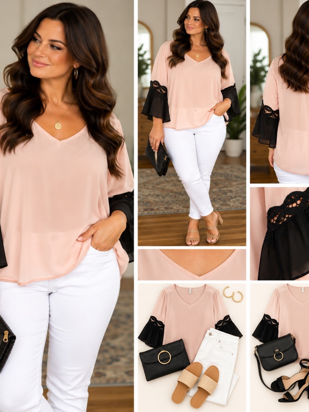 Plus Size 18/20W Blush Pink Black Lace Bell Sleeve V-Neck Blouse